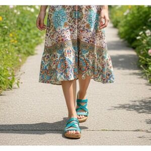 Crocs A-Leigh 11847 Womens Strappy US 9 Blue Leather Casual Slip On Wedge Sandal